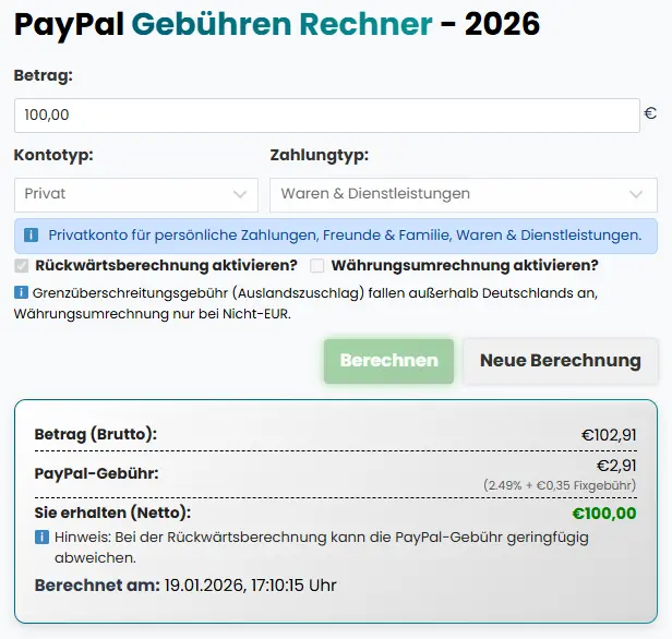 PayPal Gebührenrechner 2026 – Gebühren & Kosten online berechnen 3 Paypal Gebühren rechner Beispiel 3