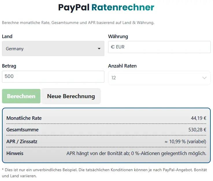 PayPal Ratenrechner - Monatsrate & Gesamtkosten berechnen 2 PayPal Ratenrechner