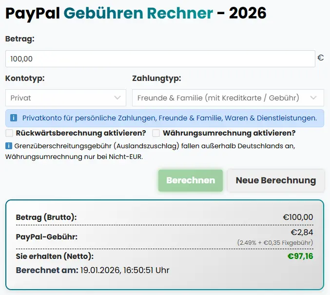 PayPal Gebührenrechner 2026 – Gebühren & Kosten online berechnen 1 Paypal Gebührenrechner Beispiel 1