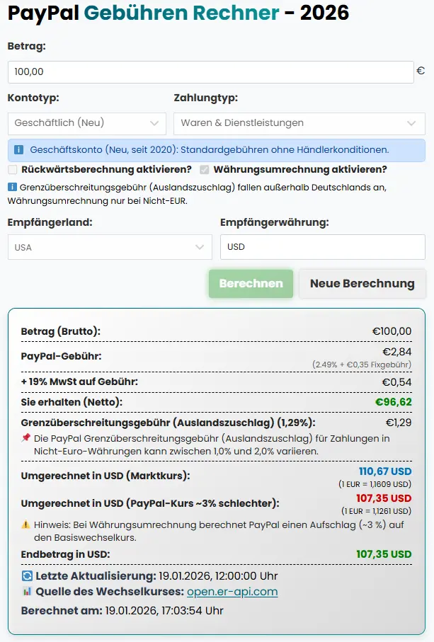 PayPal Gebührenrechner 2026 – Gebühren & Kosten online berechnen 2 Paypal Gebührenrechner Beispiel 2